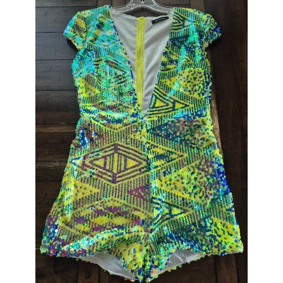 BanJUL Womens Neon Sequin Deep V Romper With Short Sleeves - Picture 1 of 5